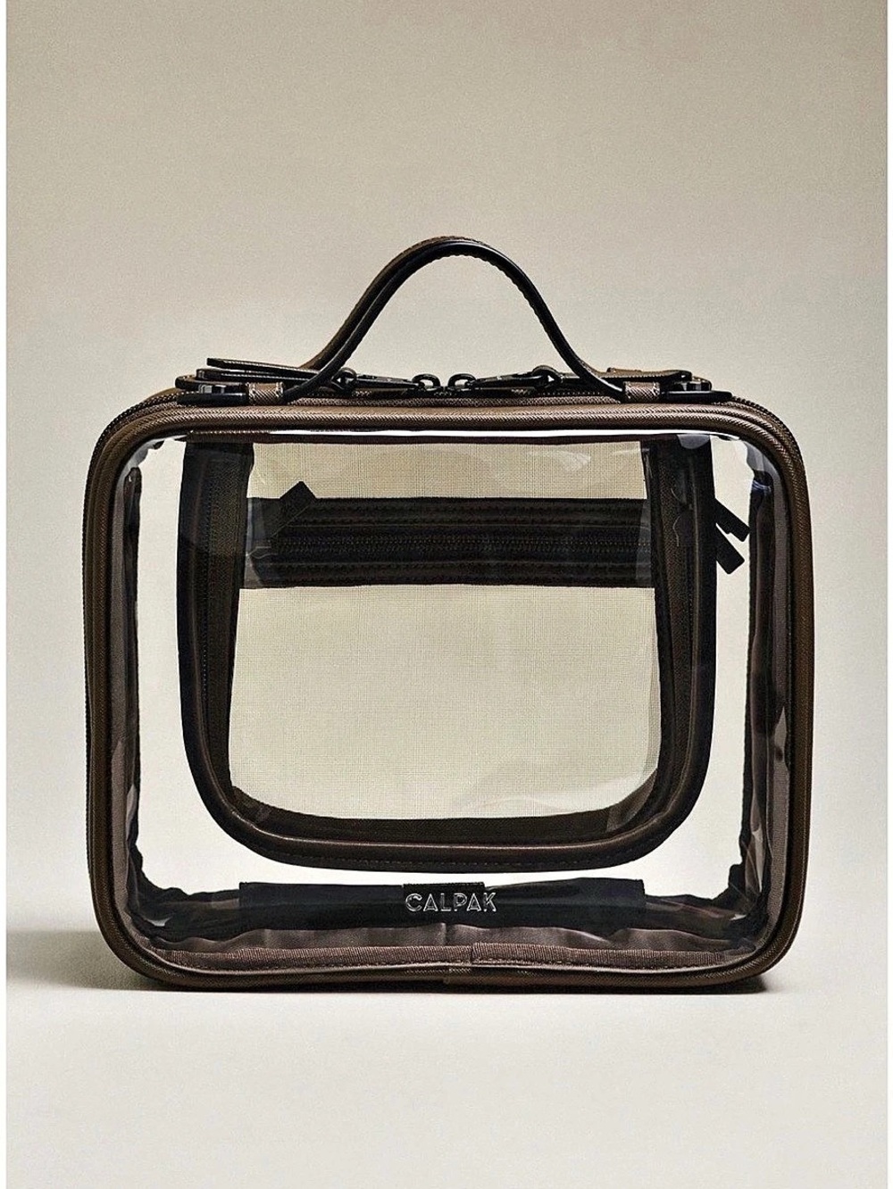 New CALPAK Medium Clear Cosmetics Case Mushroom brown Travel Organizer